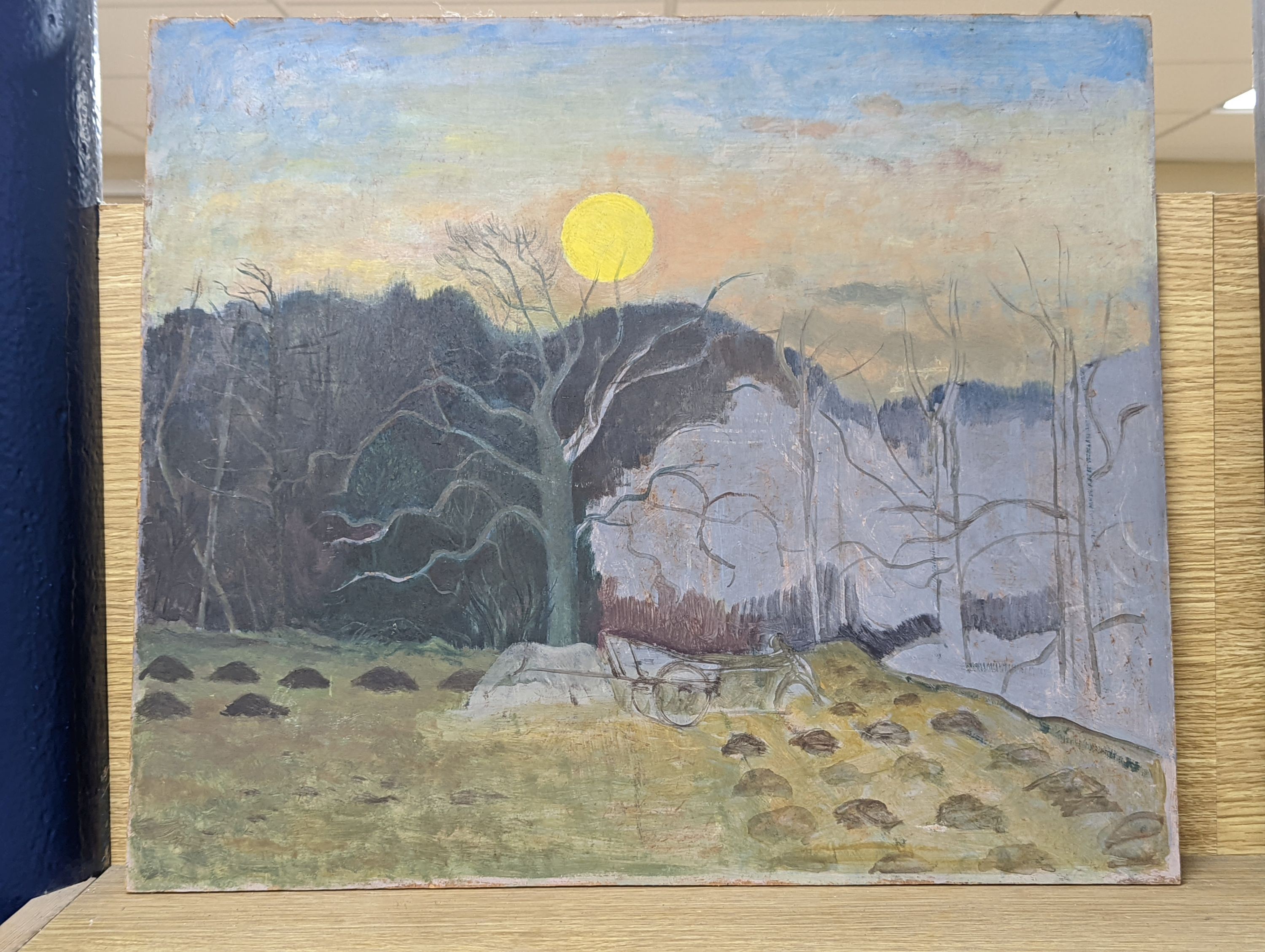 Henry James Neave (1911-1971), oil on board, Moonlit landscape, 43 x 50cm, unframed